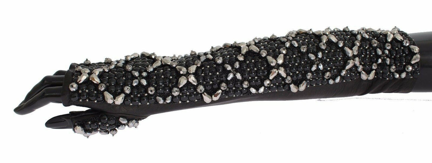 Guantes sin dedos con cuentas de cristal de cuero negro