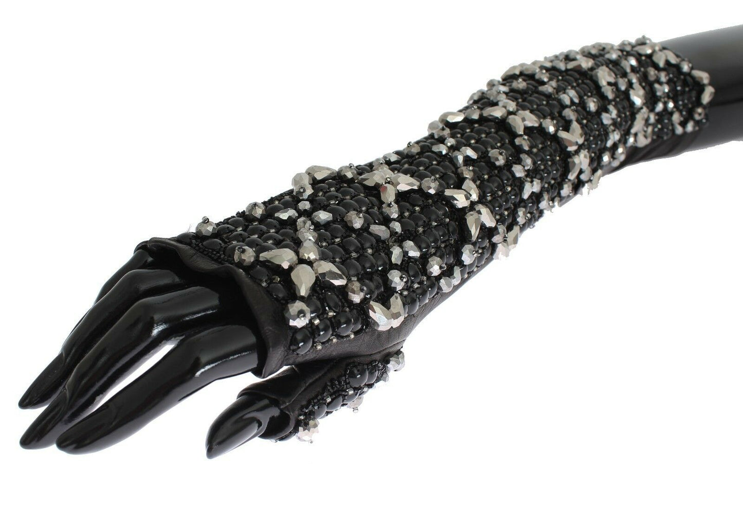 Guantes sin dedos con cuentas de cristal de cuero negro