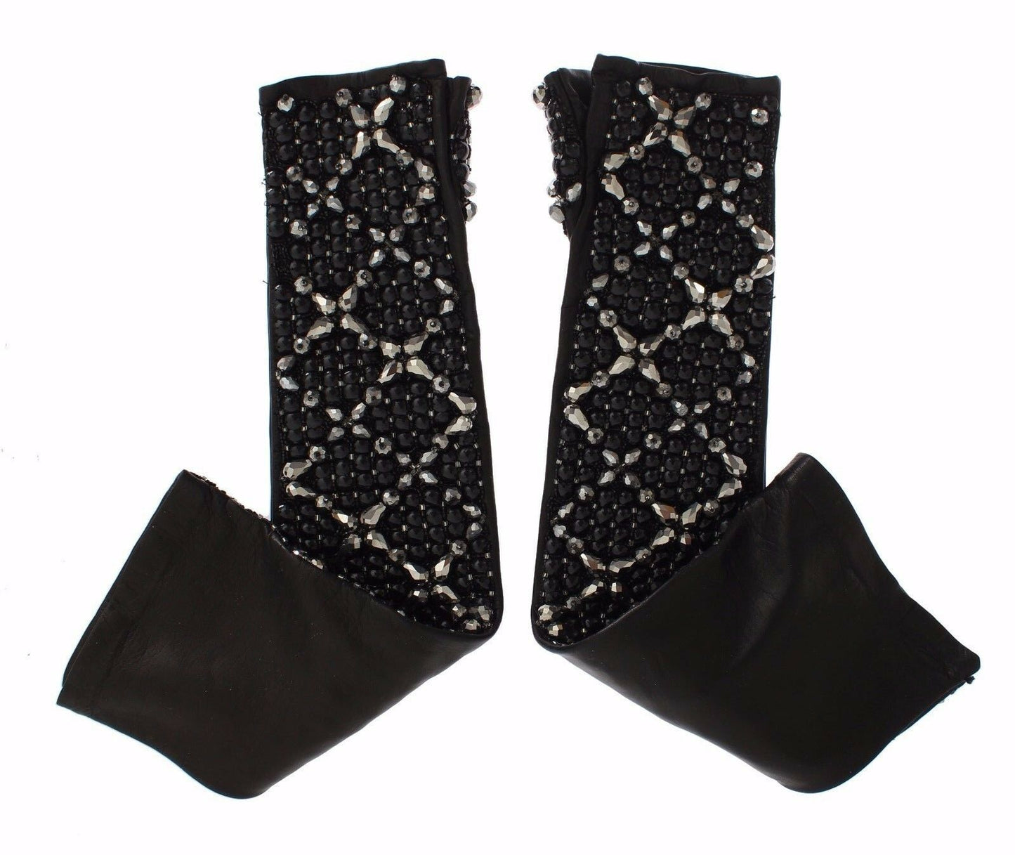 Guantes sin dedos con cuentas de cristal de cuero negro