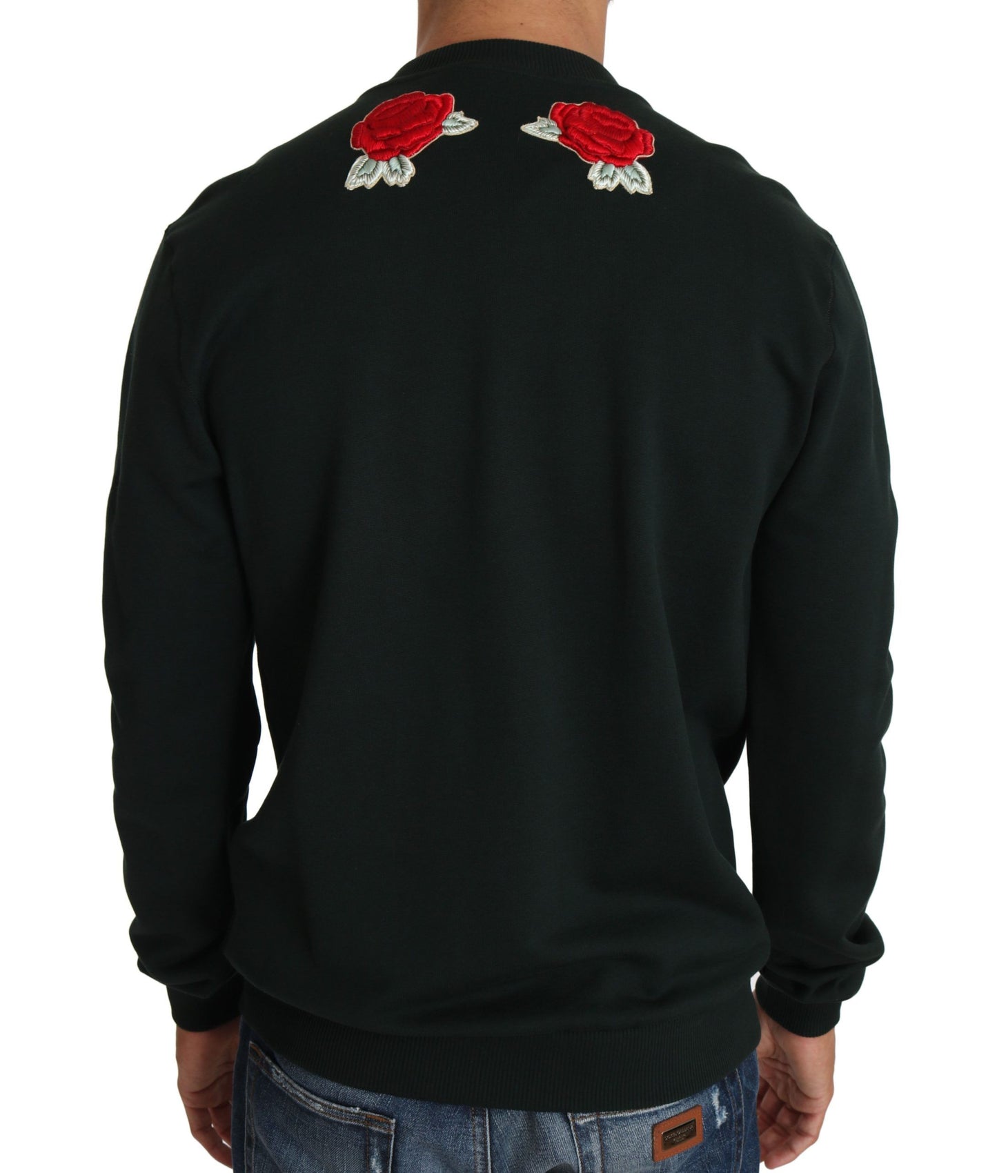 Dolce & Gabbana Smaragdgrüner Baumwollpullover mit Kristallstickerei