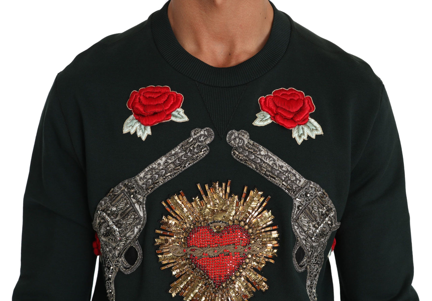 Dolce & Gabbana Smaragdgrüner Baumwollpullover mit Kristallstickerei