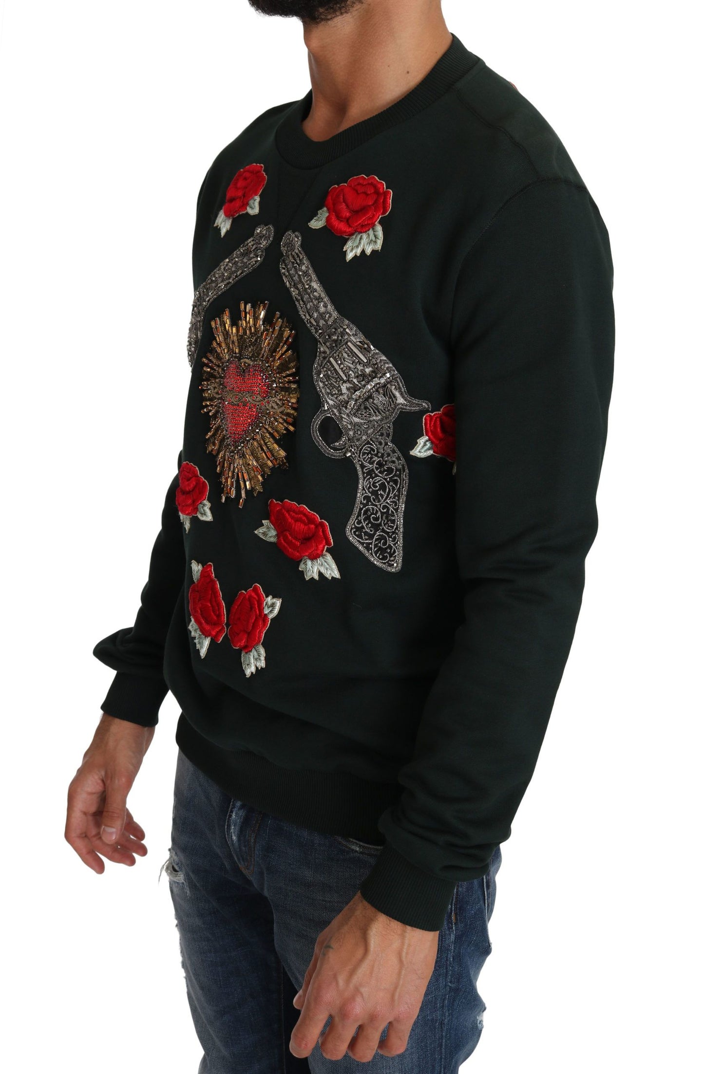 Dolce & Gabbana Smaragdgrüner Baumwollpullover mit Kristallstickerei