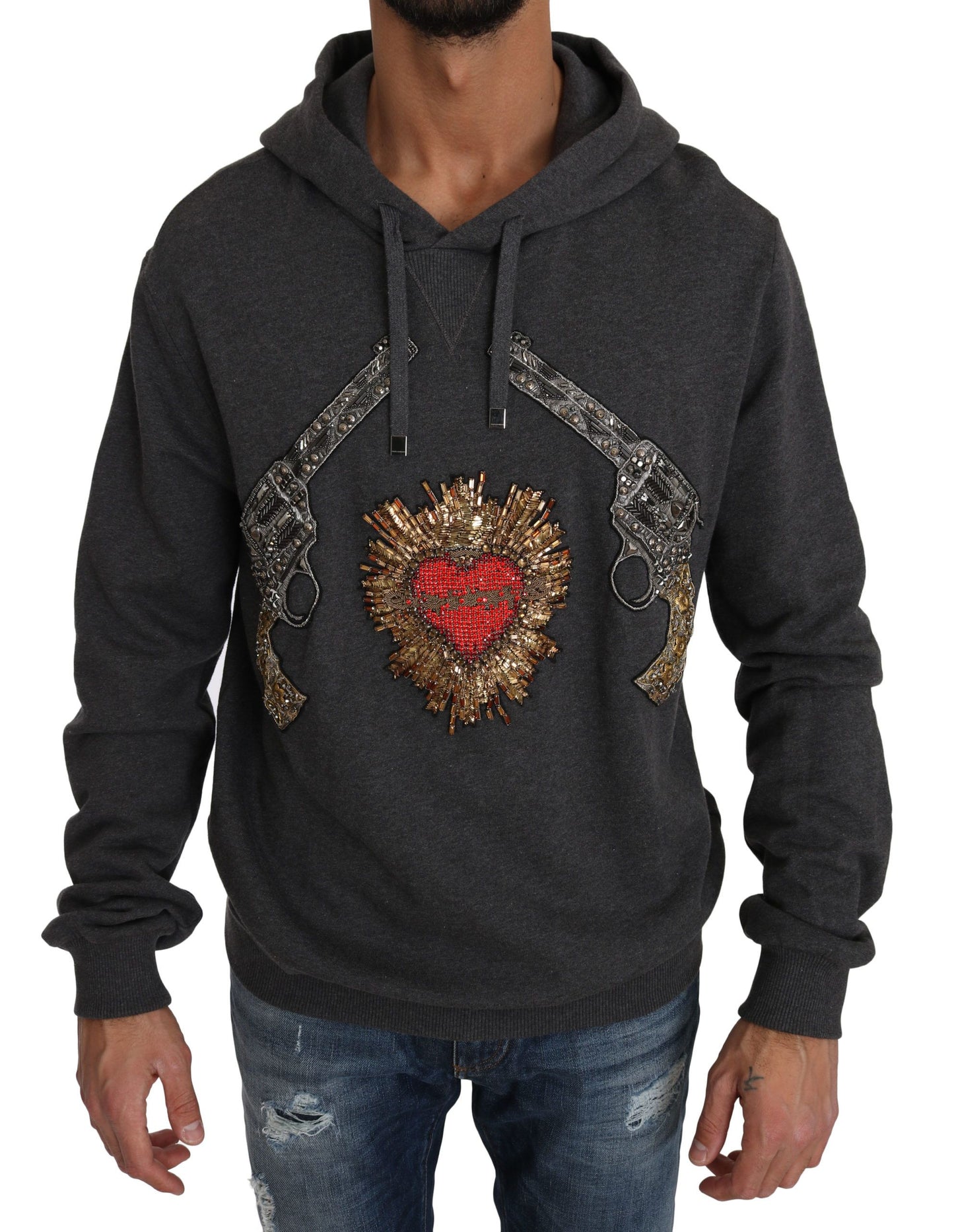 Suéter gris con capucha y corazón de cristal rojo