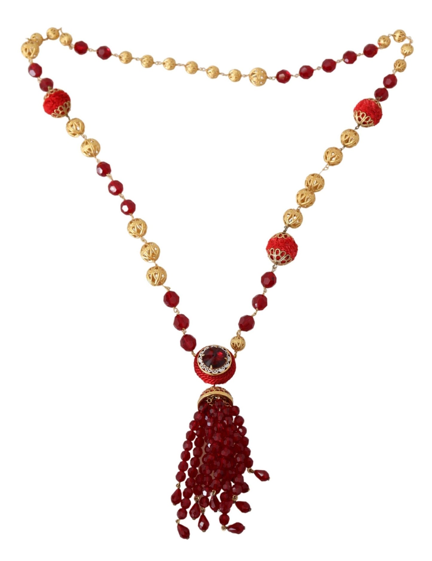 Collar de cadena de ópera con colgante de cristales rojos de latón en tono dorado