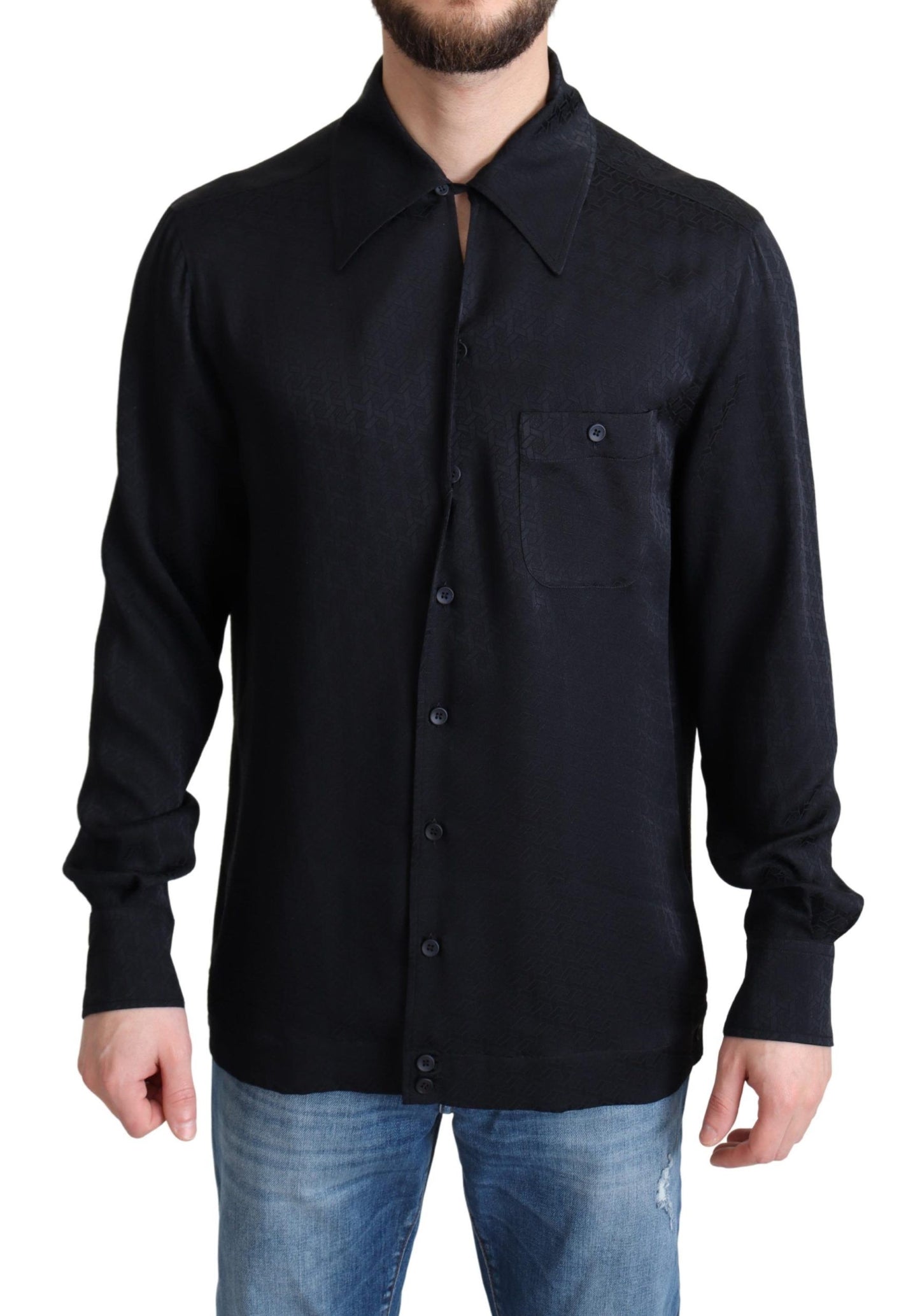 Schwarzes, lässiges Button-Down-Hemd aus Jacquard-Seide