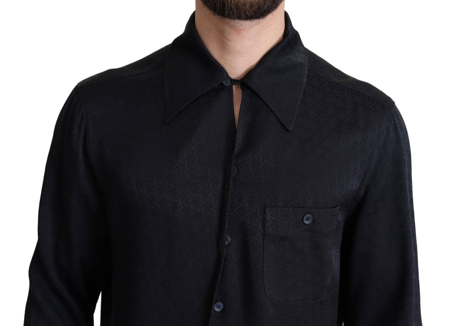 Schwarzes, lässiges Button-Down-Hemd aus Jacquard-Seide
