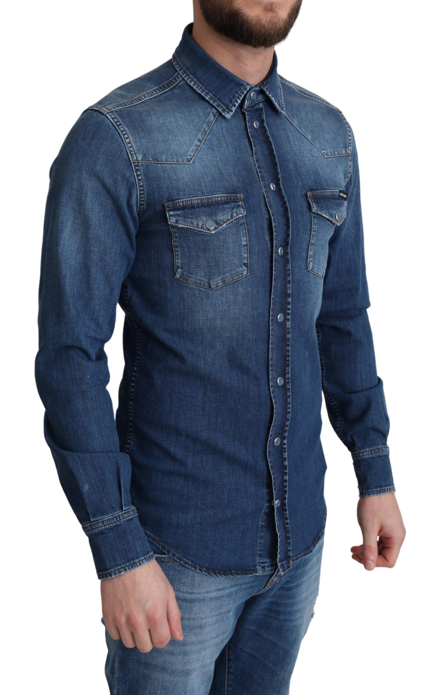 Camicia in denim a maniche lunghe in cotone stretch blu