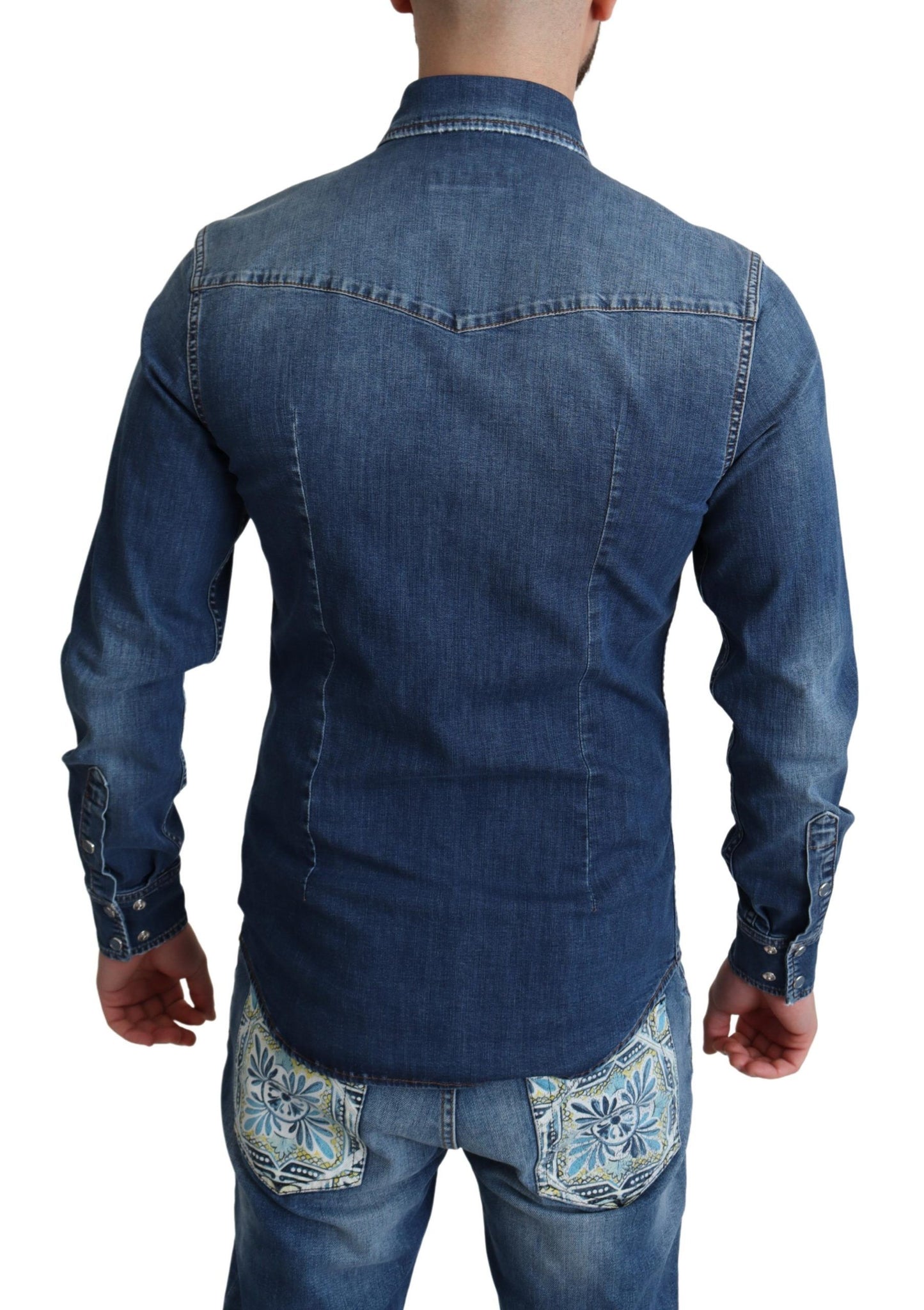 Camicia in denim a maniche lunghe in cotone stretch blu
