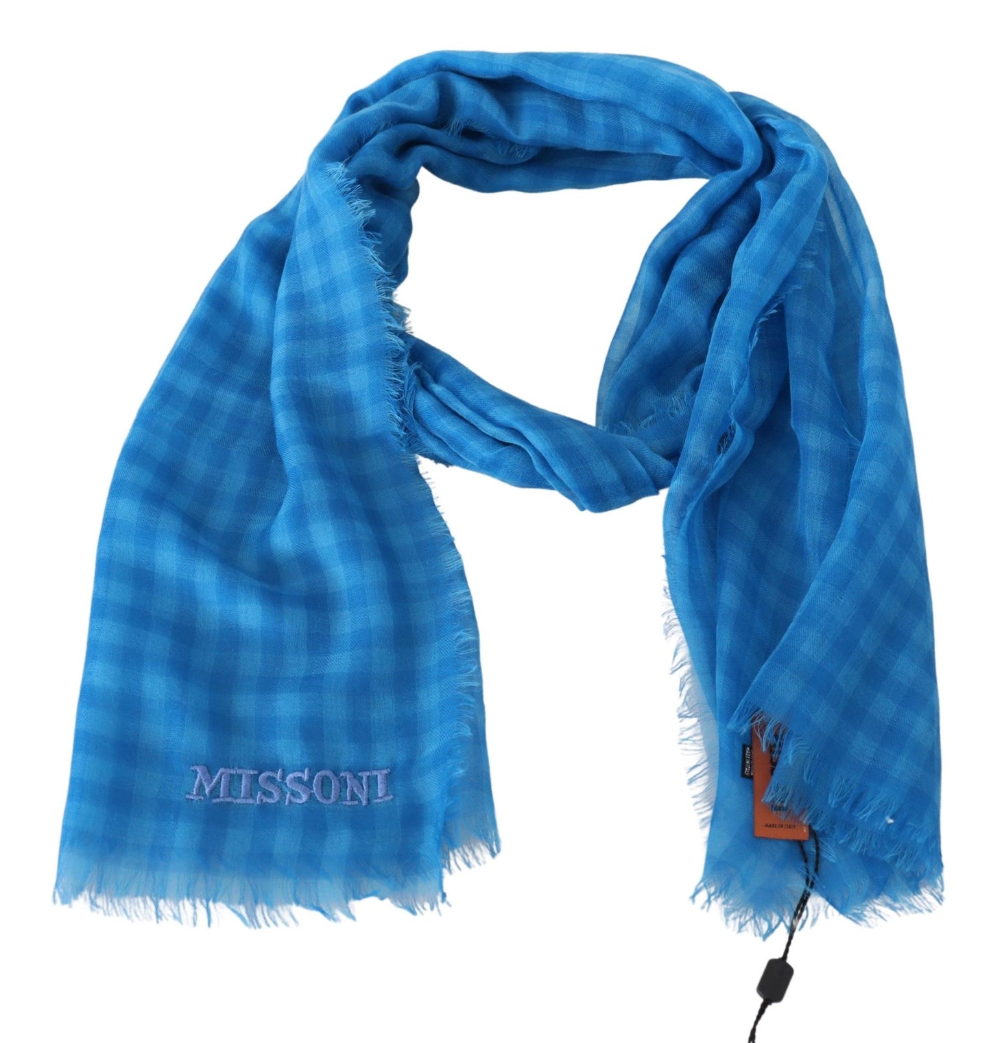 Sciarpa avvolgente con frange unisex in cashmere a quadretti blu