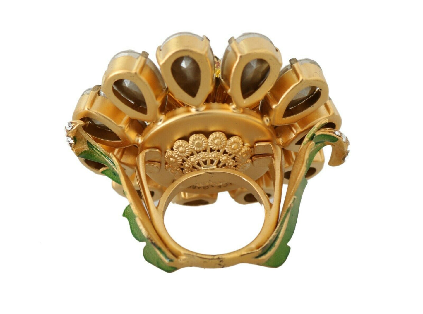 Anello con fiore in cristallo giallo in ottone dorato