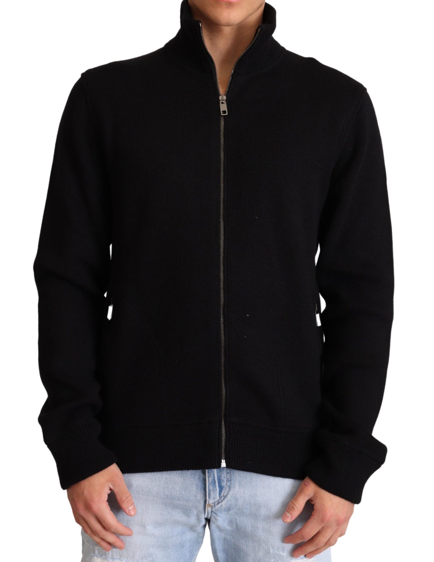 Suéter negro para hombre con cremallera de cachemira