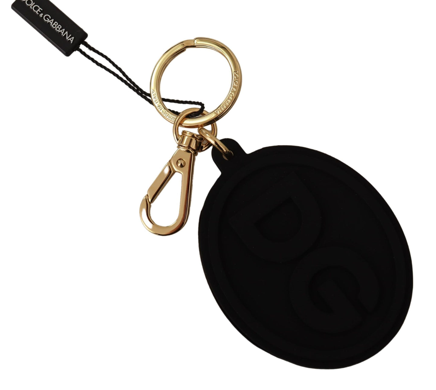 Llavero de metal de latón dorado con logotipo DG de caucho negro