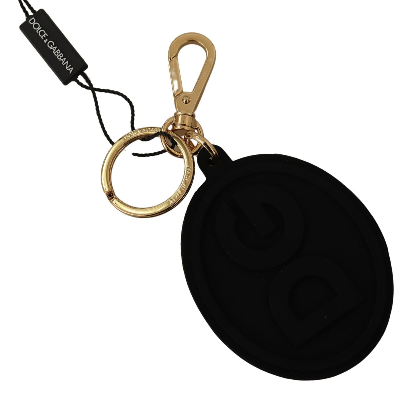 Llavero de metal de latón dorado con logotipo DG de caucho negro