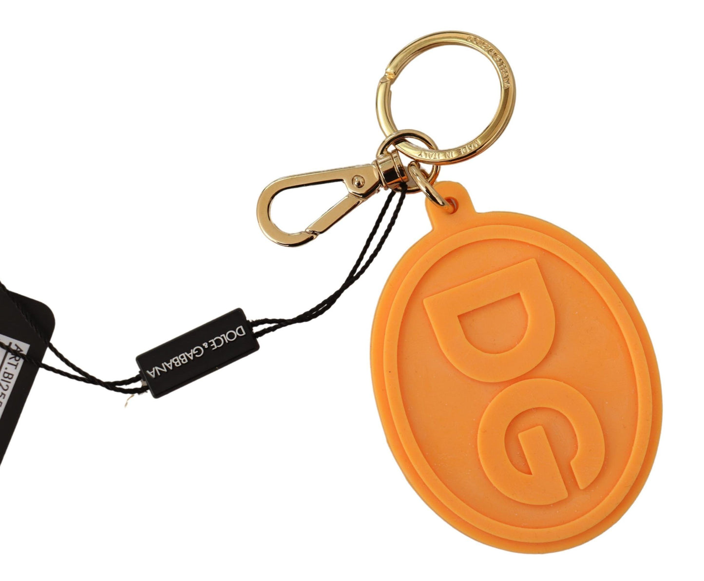 Llavero de metal de latón dorado con logotipo DG de caucho naranja