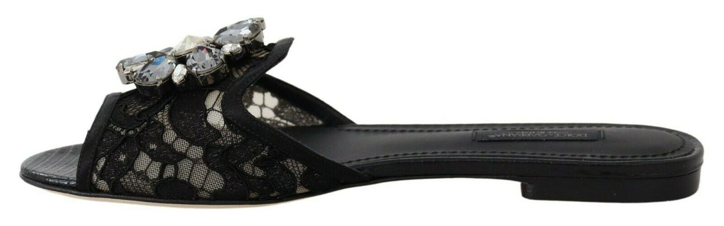 Dolce & Gabbana – Elegante Pantoletten aus schwarzer Spitze mit Schmuckblumendetail