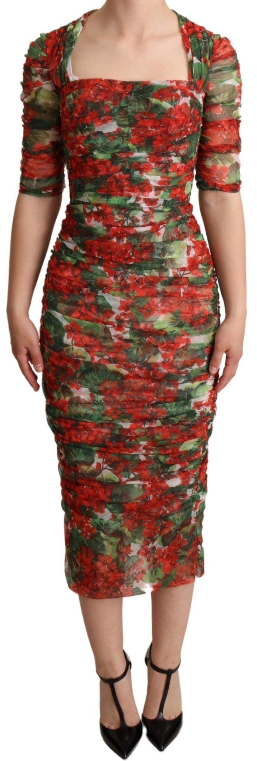 Vestido midi tubo de tul con estampado floral rojo