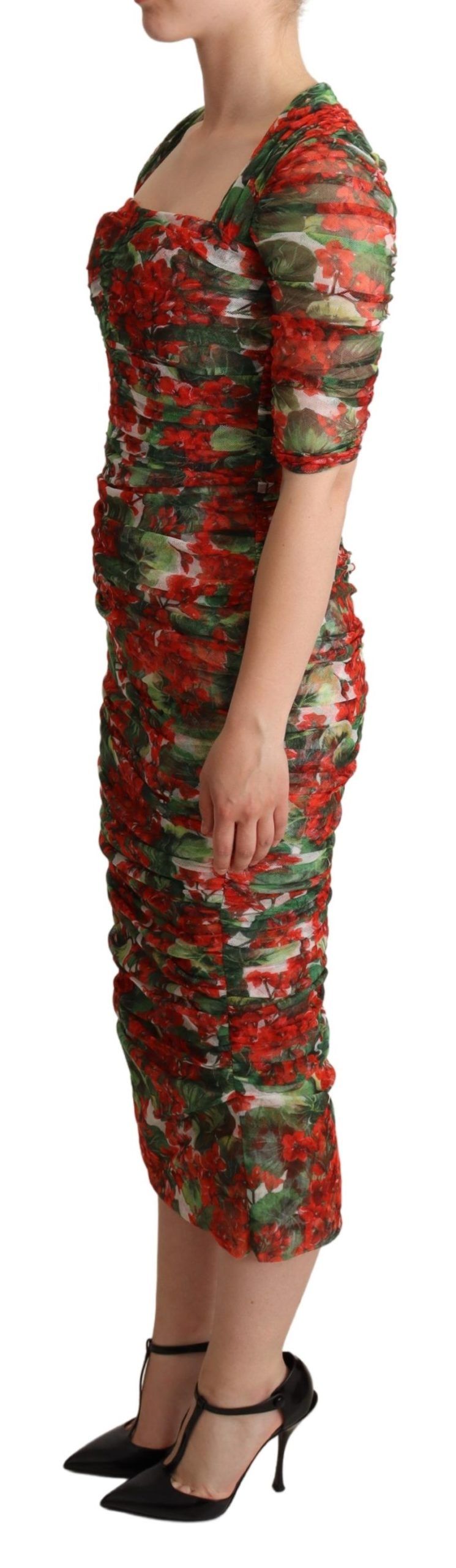 Vestido midi tubo de tul con estampado floral rojo