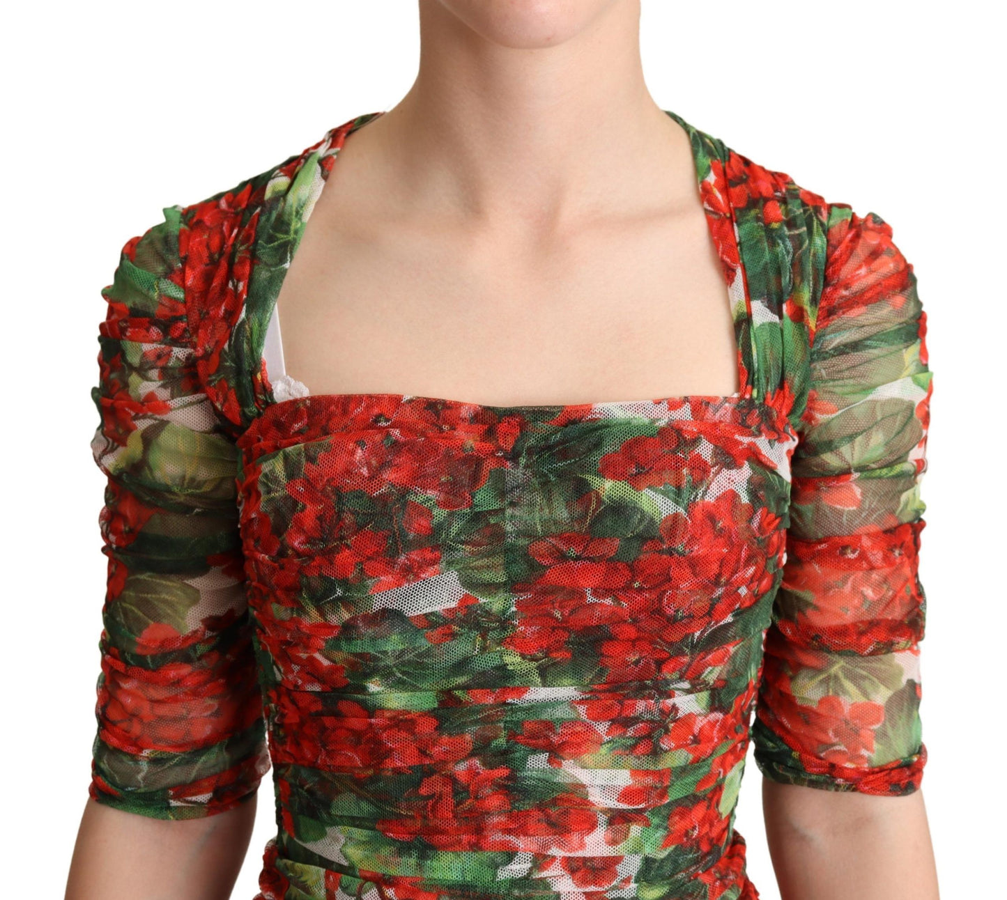 Vestido midi tubo de tul con estampado floral rojo