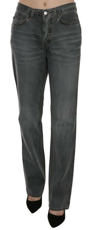 Jeans dritti in denim a vita media lavati grigi
