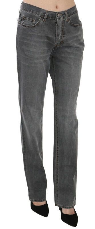 Jeans dritti in denim a vita media lavati grigi