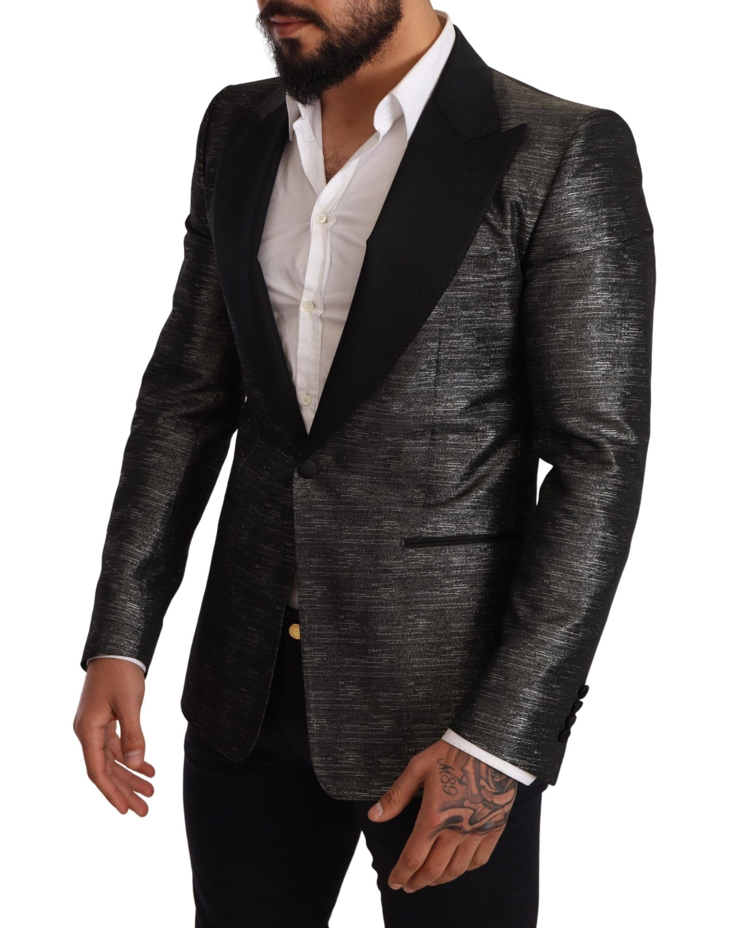 Blazer da smoking slim nero grigio metallizzato