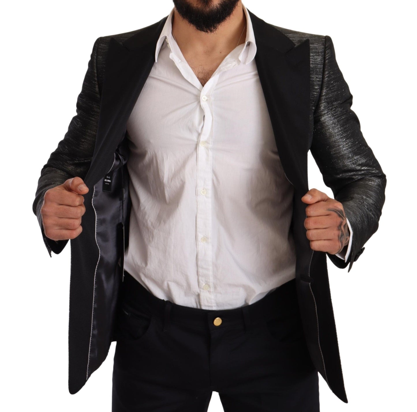 Blazer da smoking slim nero grigio metallizzato
