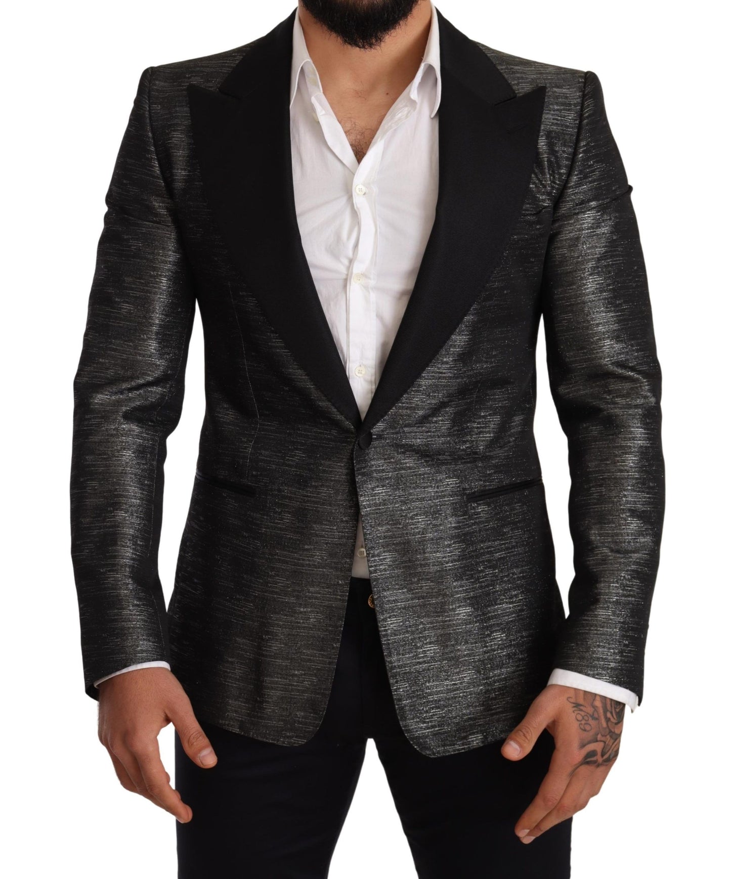 Blazer da smoking slim nero grigio metallizzato