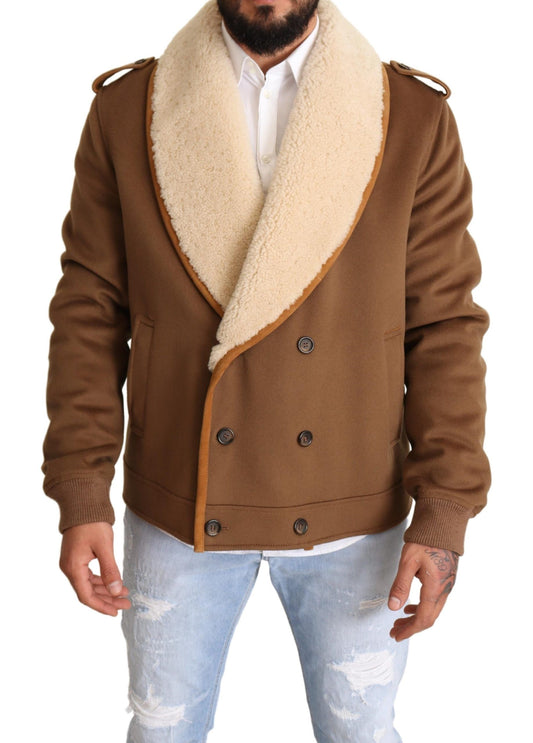 Braune zweireihige Shearling-Manteljacke