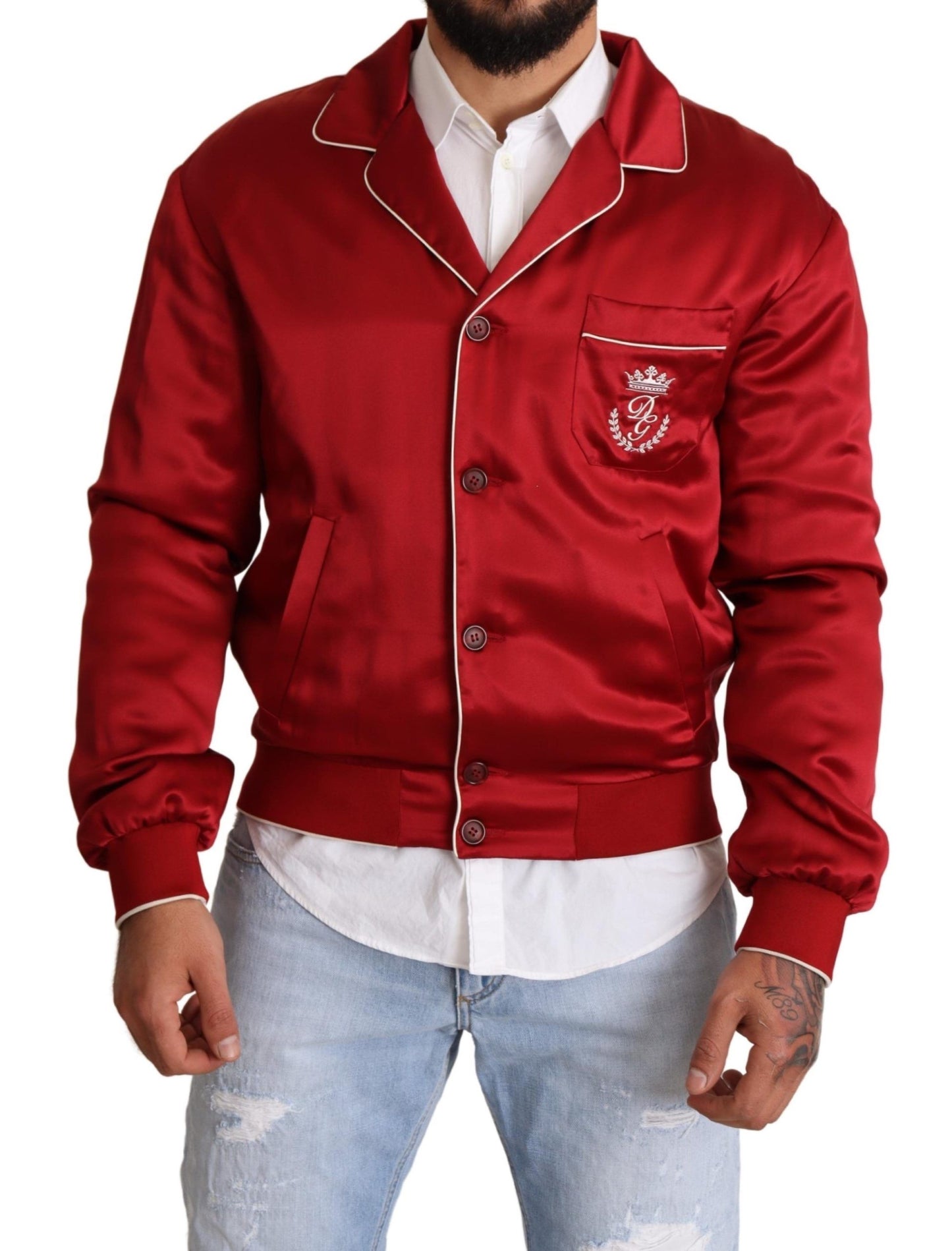 Chaqueta bomber de seda roja con botones y logo DG