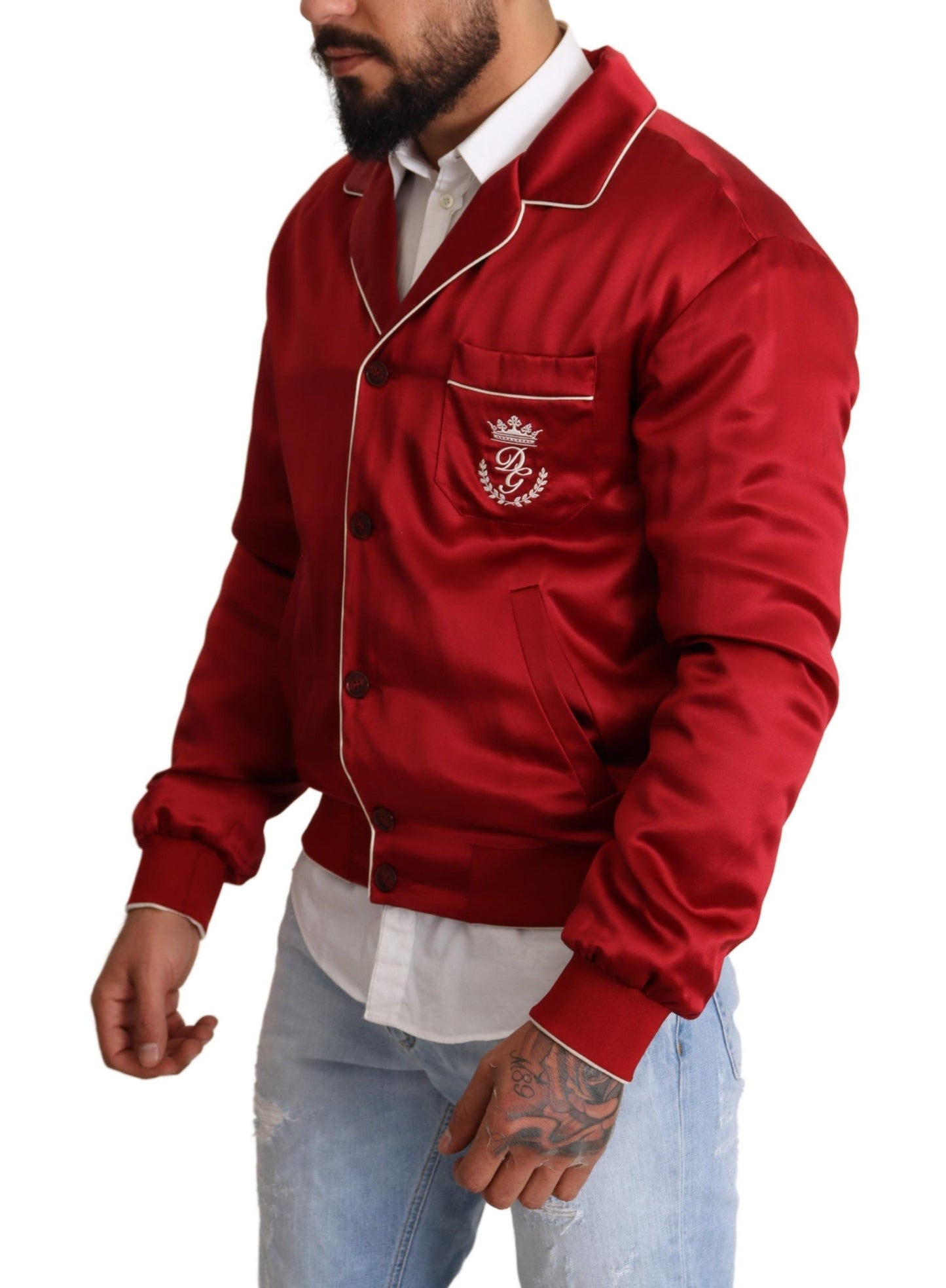 Chaqueta bomber de seda roja con botones y logo DG