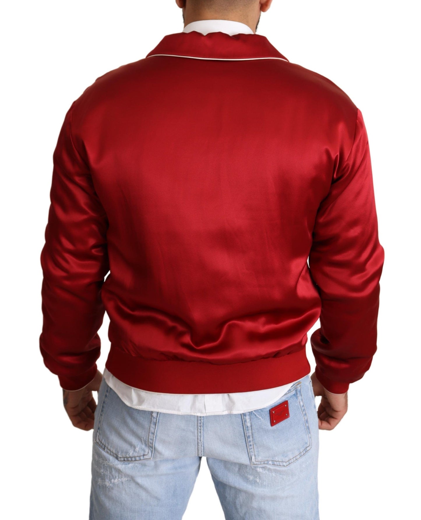 Chaqueta bomber de seda roja con botones y logo DG