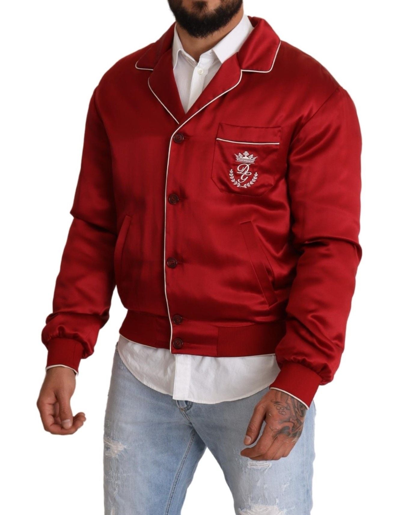 Chaqueta bomber de seda roja con botones y logo DG