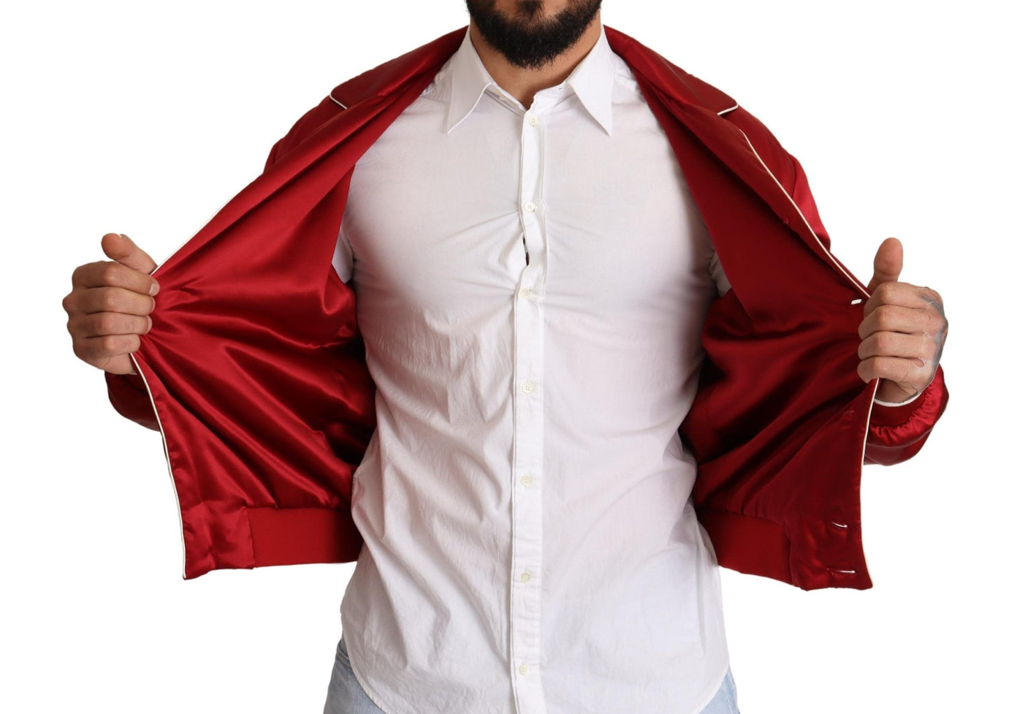 Chaqueta bomber de seda roja con botones y logo DG