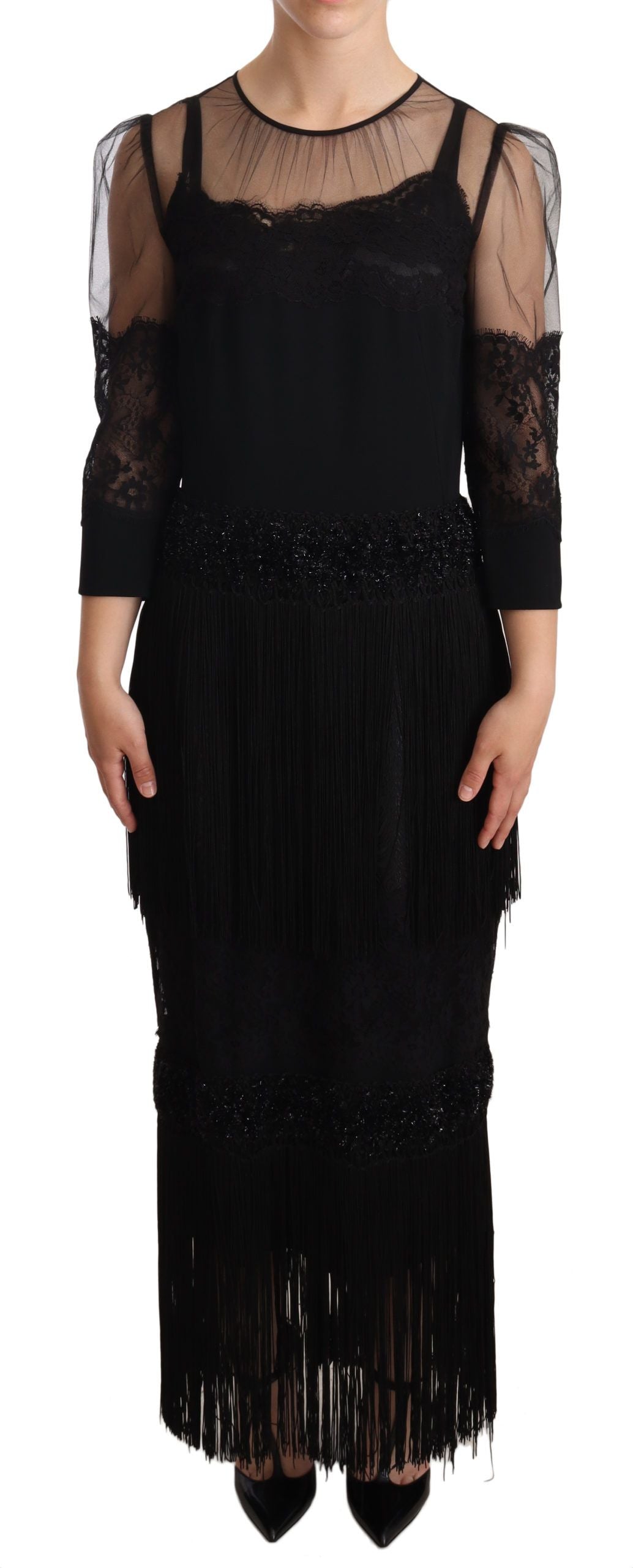 Vestido largo negro con encaje floral transparente y cristales
