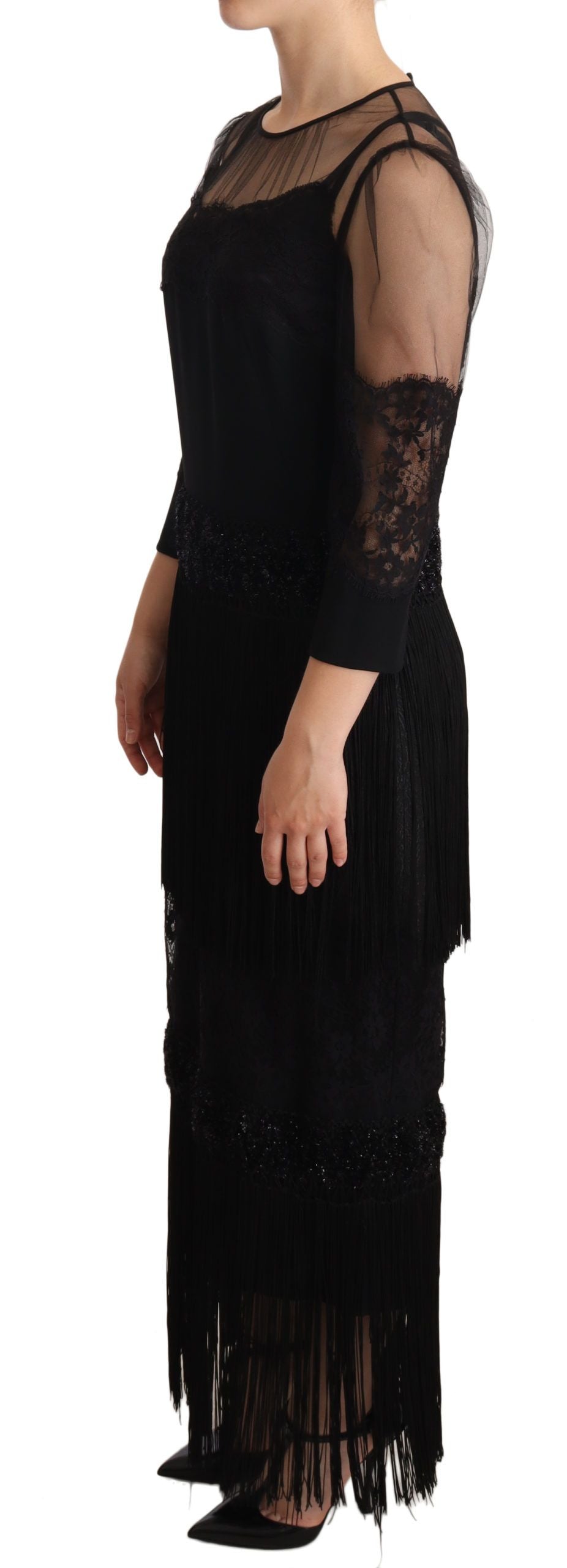 Vestido largo negro con encaje floral transparente y cristales