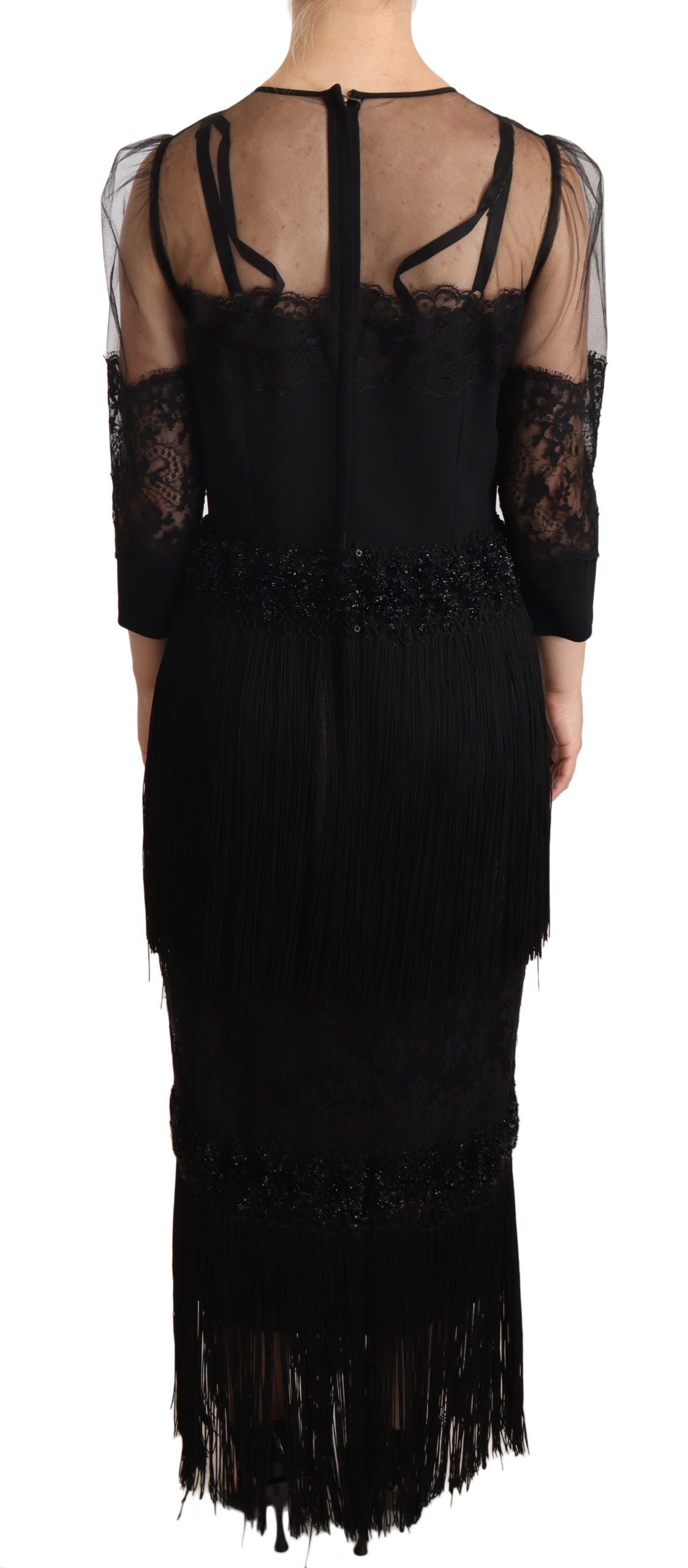 Vestido largo negro con encaje floral transparente y cristales