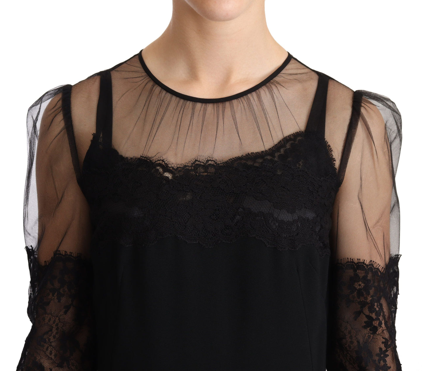 Vestido largo negro con encaje floral transparente y cristales