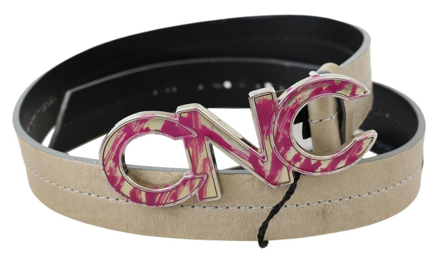 Cintura con fibbia con logo rosa in pelle beige