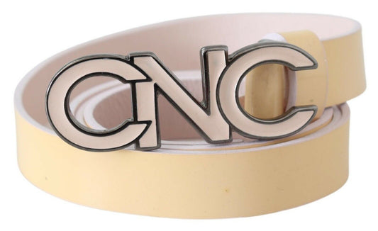 Cinturón con logo y letra rosa de cuero beige