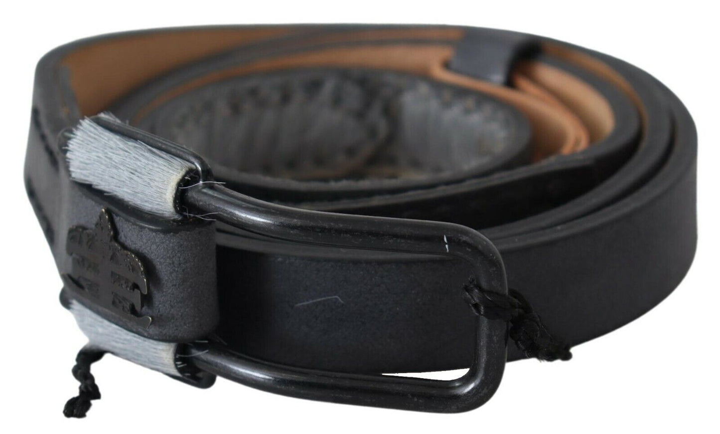 Cintura con fibbia logo con frange in pelle nera