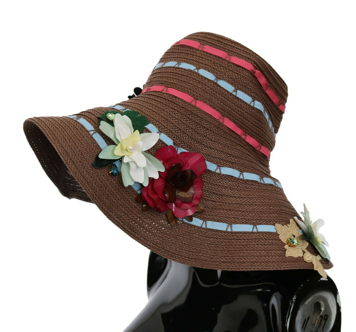 Cappello floreale in paglia lavorata a maglia marrone