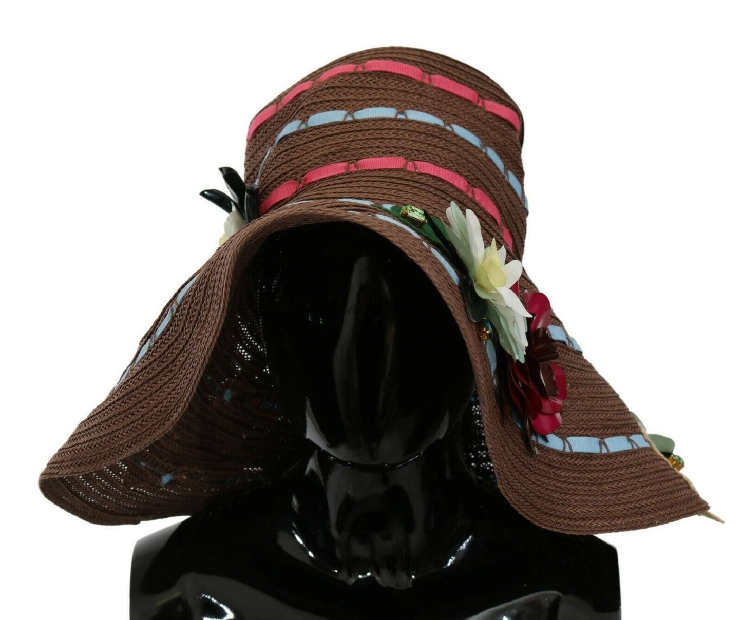 Cappello floreale in paglia lavorata a maglia marrone