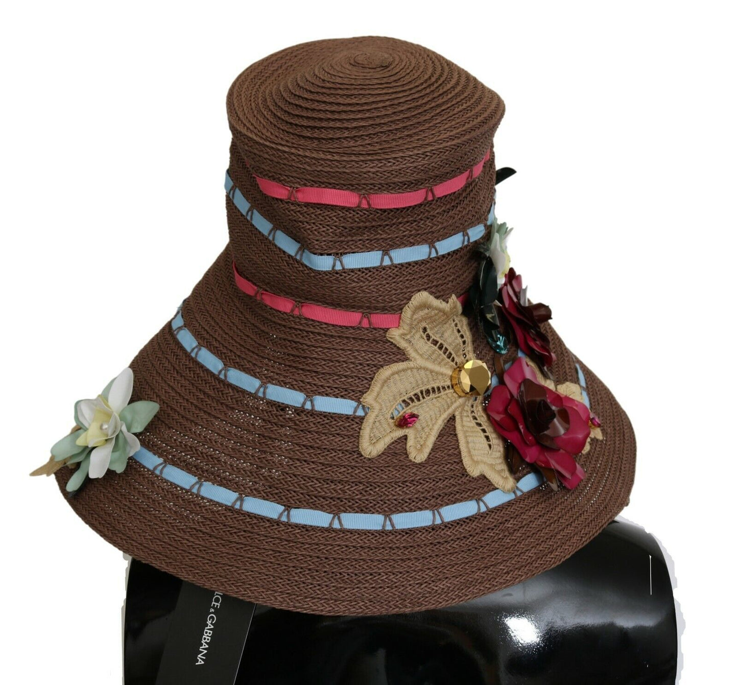 Cappello floreale in paglia lavorata a maglia marrone