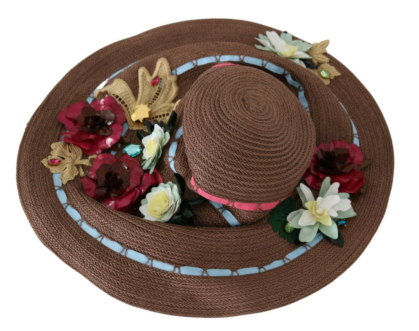 Cappello floreale in paglia lavorata a maglia marrone