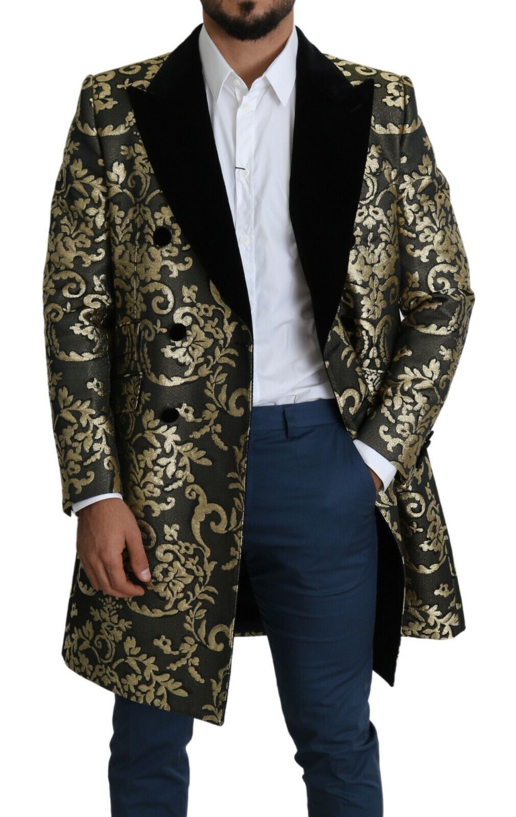 Veste SICILIA Manteau Long Jacquard Noir Doré