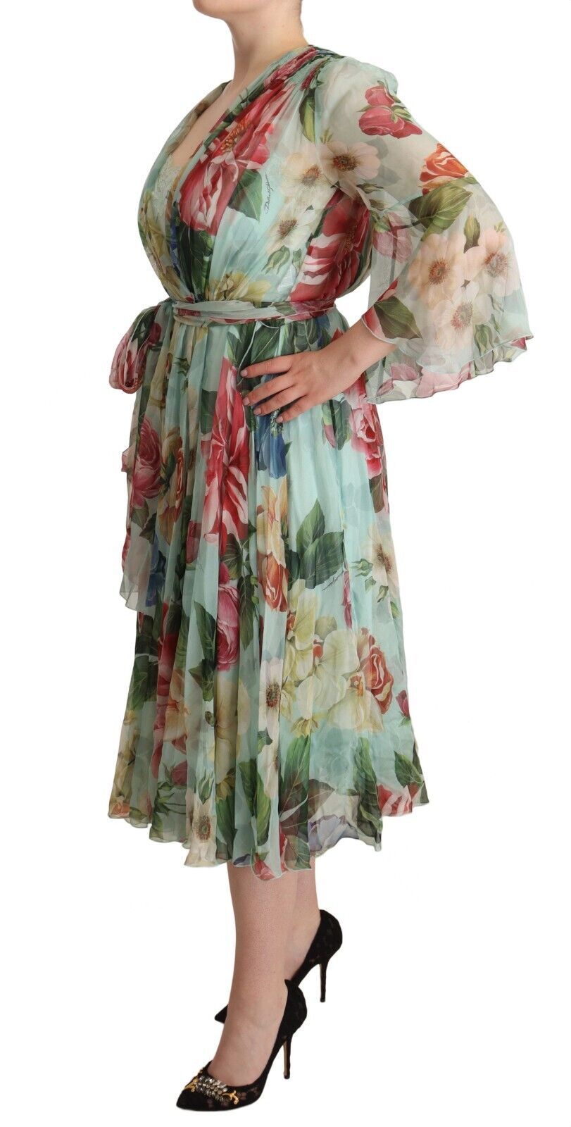 Vestido midi floral de manga larga con cuello en V verde