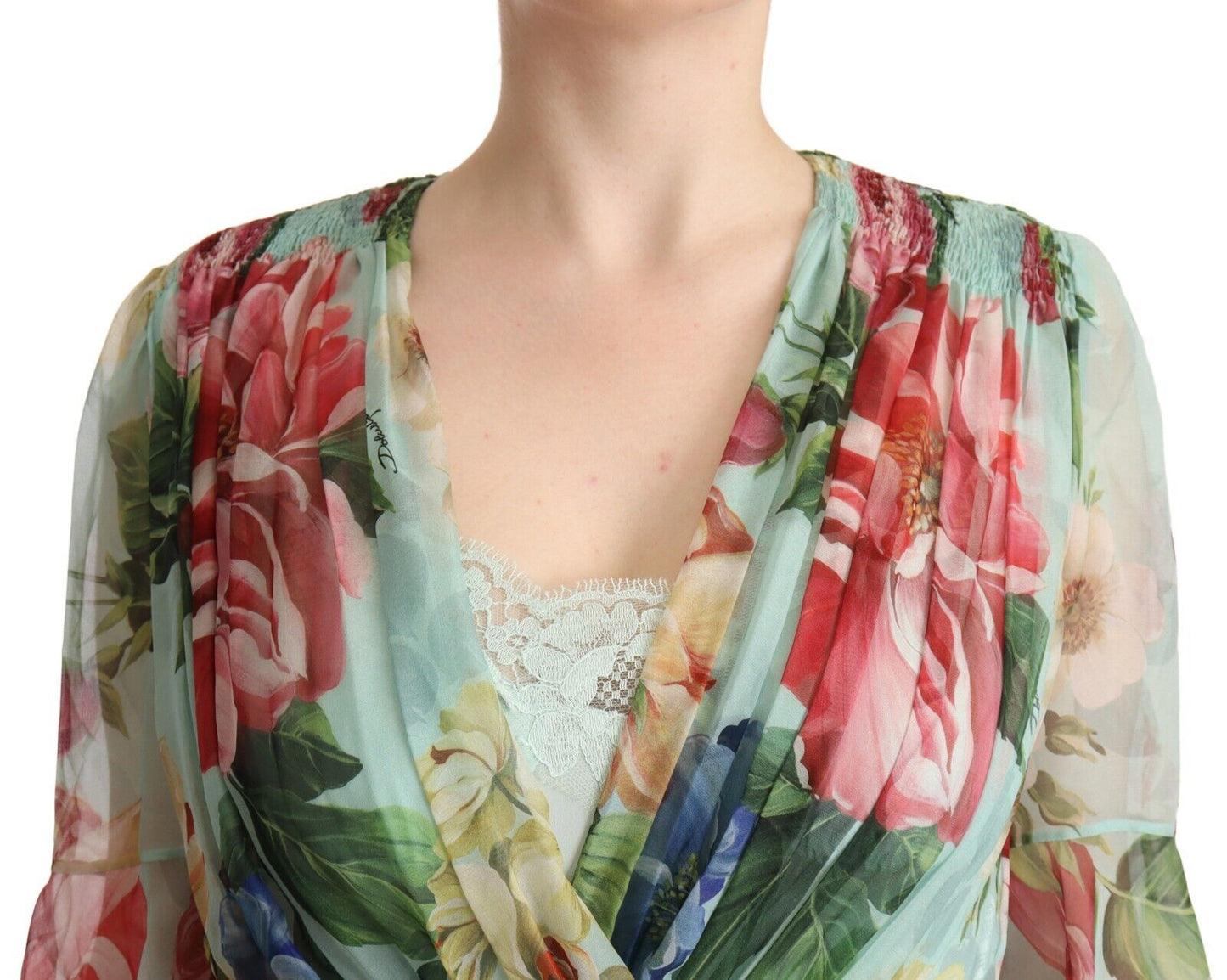 Vestido midi floral de manga larga con cuello en V verde