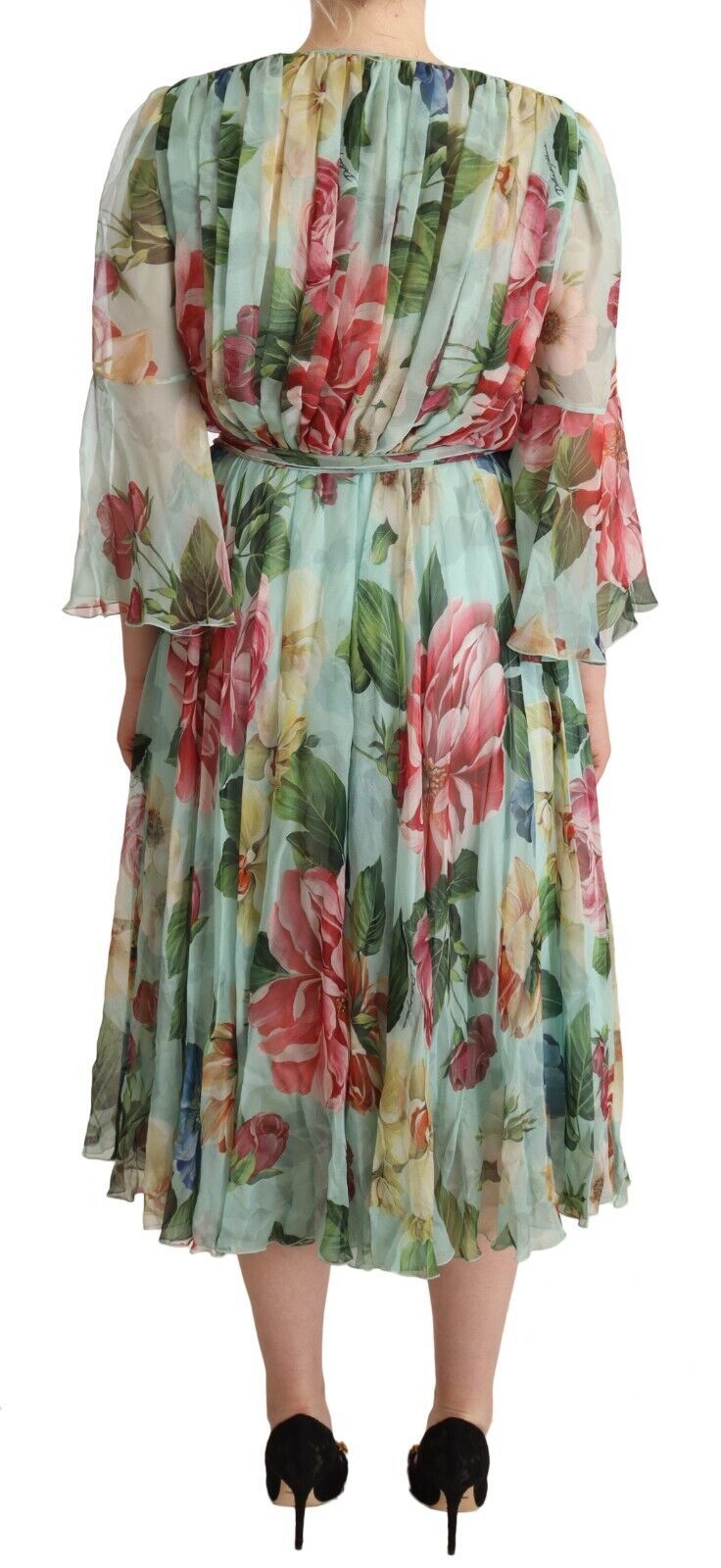 Vestido midi floral de manga larga con cuello en V verde