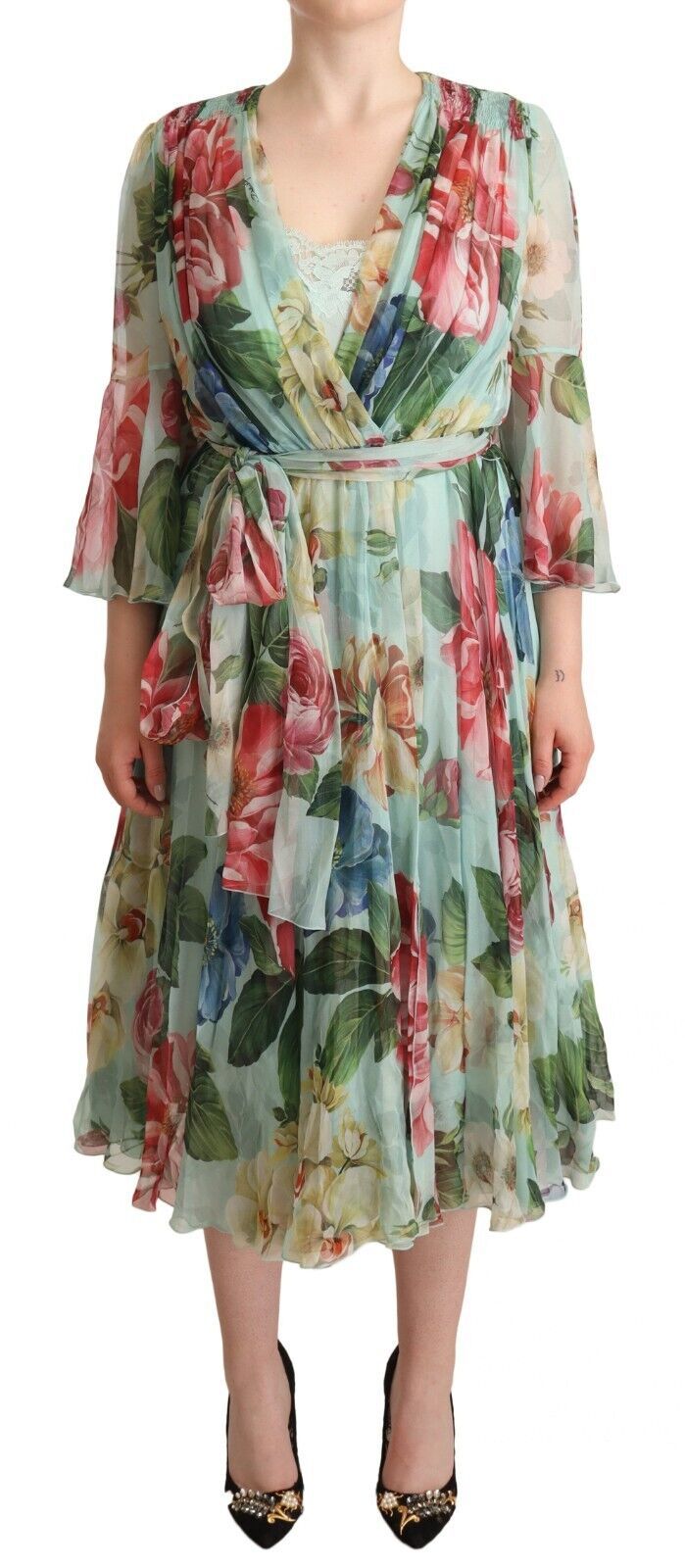 Vestido midi floral de manga larga con cuello en V verde