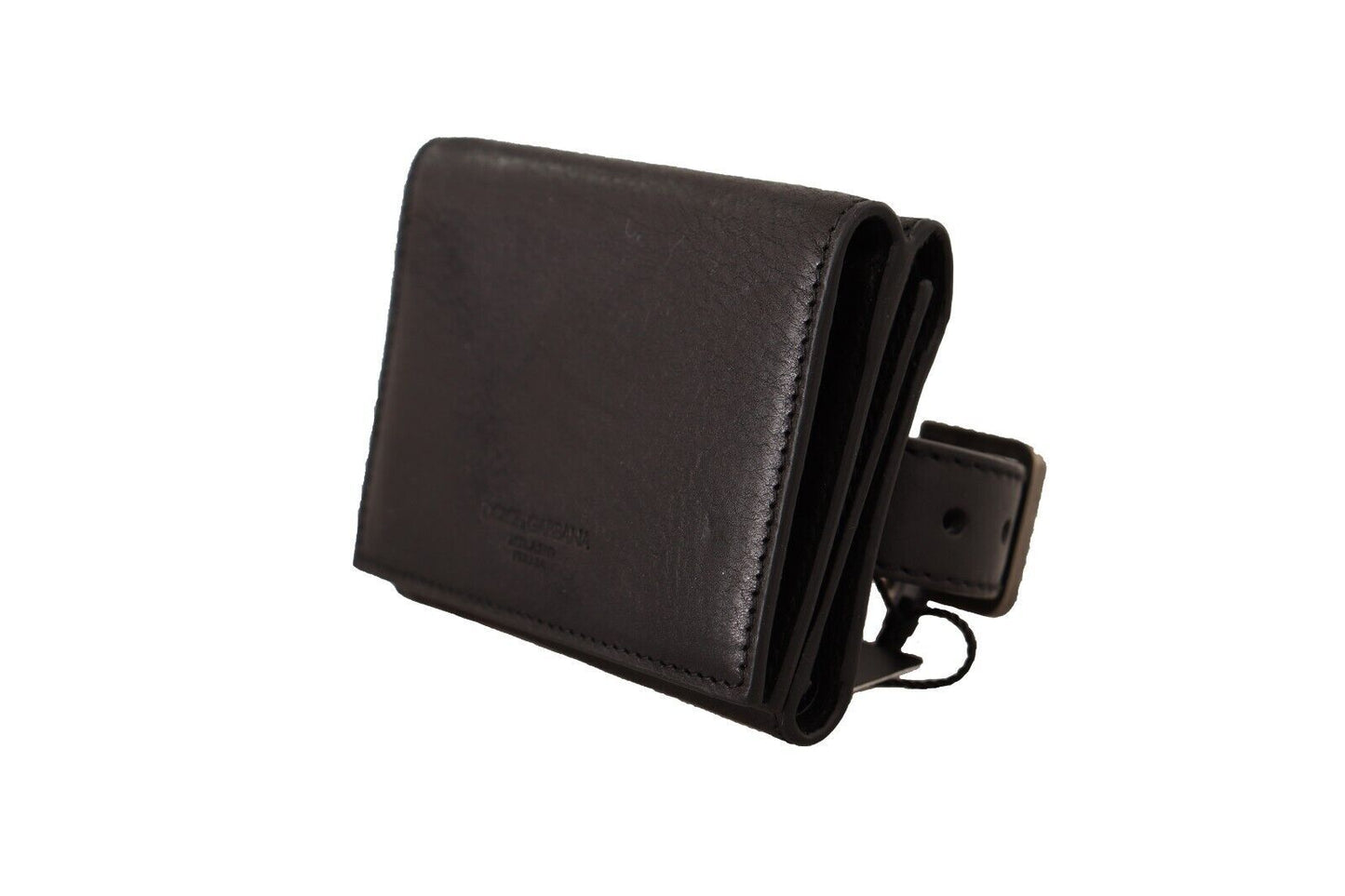Cartera de cuero negro con tres pliegues y cinturón